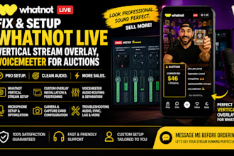 fix and setup whatnot live vertical stream overlay, voicemeter for auctions