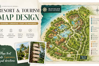 design resort map, hotel map, tourism map, visitor guide, wayfinding map design