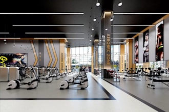showcase 3d fitness center,gym interior layout,workout studio render, yoga house