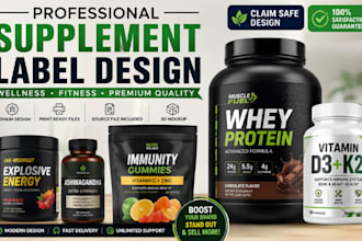 design supplement bottle label, wellness packaging and vitamin label design