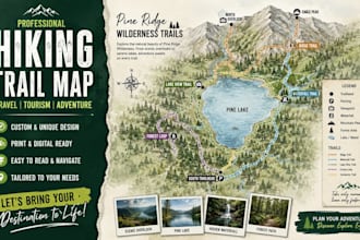 design hiking trail map, tourism map, travel guide, route map, visitor map