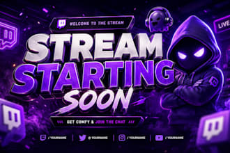design animated twitch stream overlay, twitch logo, panels, screens, alerts