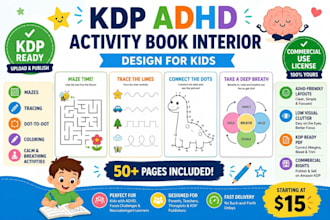 design a KDP activity book interior for kids with adhd  focus exercises mazes