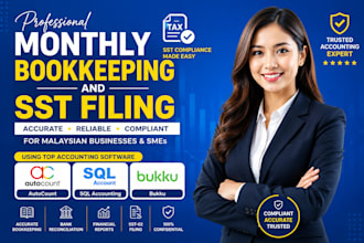 provide monthly bookkeeping, sst filing using autocount sql accounting and bukku