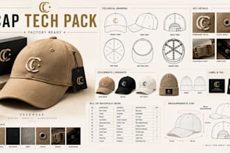 create manufacturer ready cap and headwear tech packs for production