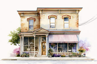create a watercolor house portrait or storefront facade