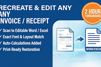 recreate, restore and editable invoice, receipt, bill book exactly as needed