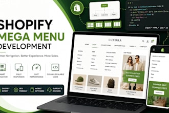 develop responsive shopify mega menu with images, poducts and collections