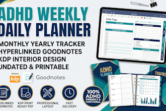 do adhd weekly daily planner, monthly yearly tracker, hyperlinked goodnotes kdp