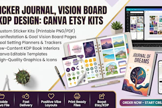create sticker journal design, vision board manifestation, etsy kdp canva