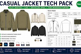 design clothing  casual jacket tech pack flat sketch cad for manufacturing