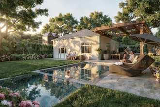design a luxury villa landscape with photorealistic 3d rendering
