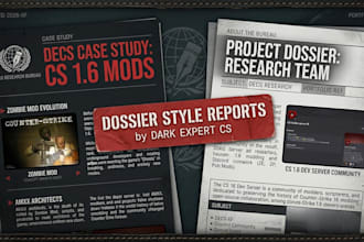 design a dossier style infographic PDF report with research