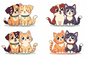 draw cartoon portrait pets dog cat vector illustration