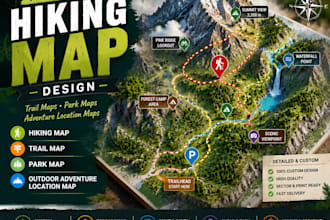 design hiking map, trail map, park map, and outdoor adventure location map