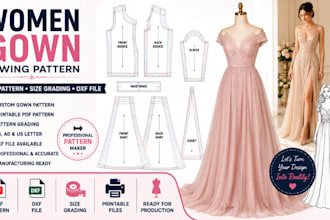 create women gown sewing pattern printable PDF dress pattern for manufacturing