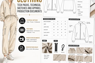 design clothing tech packs, technical sketches and apparel production documents