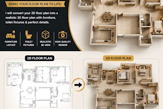 convert 2d floor plans into 3d floor plans with furniture and toilet fixtures