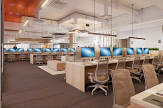 photorealistic 3d office architect renders, cgi workspace, reception walkthrough