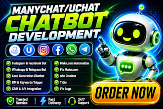fix, setup make com automation, zapier webhook with manychat, uchat, chatfuel
