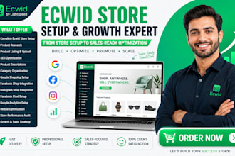 setup ecwid store do product research listing upload seo google social media ads