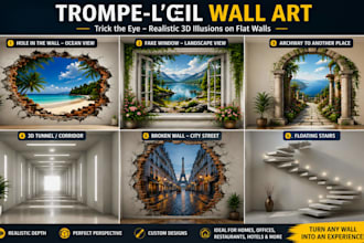 create trick the eye realistic 3d wall illusion design for interior and exterior