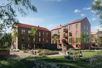 modern townhouse brick exterior, residential community layout, landscape visual
