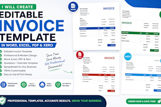 editable invoice template in word, excel, pdf and xero, spreadsheet, quotation