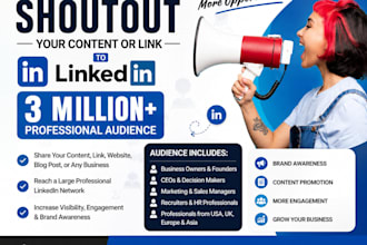 shoutout content link with linkedin 3million audience, share, promote, marketin