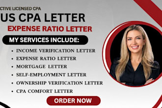 write verified US CPA income letter expense ratio letter mortgage letter