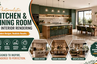 create photorealistic kitchen and dining room 3d interior rendering