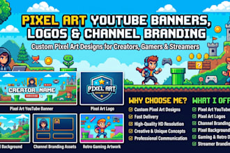 create pixel art youtube banners, logo, channel branding and pixel backgrounds