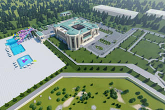 optimize aerial vacation resort, 3d hotel exterior, leisure resort, lodge render