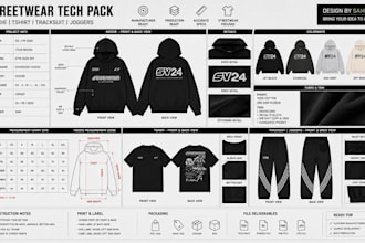 create streetwear tech pack for hoodie t shirt tracksuit joggers