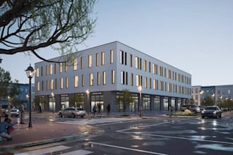 present 3d mixed use complex,estate property design,cgi driveway,exterior render