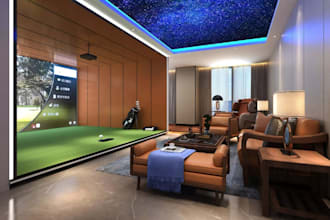 render 3d spin golf simulator,interior design,golf club,sport arena,virtual golf