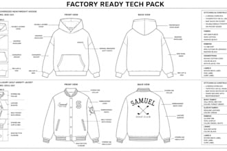 do tech pack for luxury goal varsity jacket and oversized heavyweight hoodie