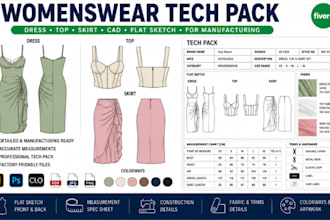 design womenswear clothing tech pack dress top skirt cad for manufacturing