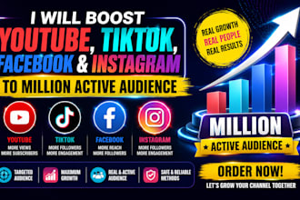 boost youtube channel, tiktok, facebook and instagram to million active audience