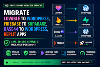 migrate lovable to wordpress, firebase to supabase base44 to wordpress replit