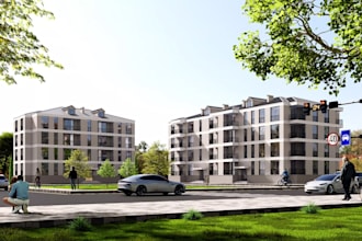 cgi living apartment exterior,3d housing complex,estate property render,driveway
