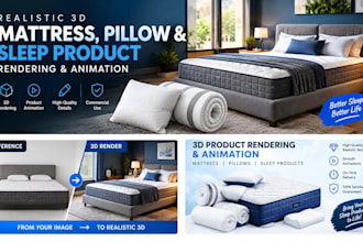 create 3d mattress, pillow rendering and product animation