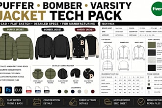 design clothing  puffer bomber varsity jacket tech pack cad for manufacturing