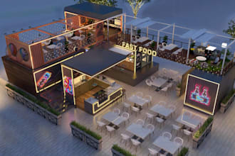 develop 3d pop up cafe design, cgi lounge,  container bar,modular dinning render