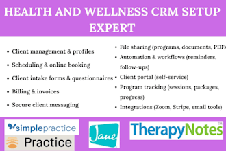 setup health CRM on simplepractice, jane app, charm ehr emr zoho, kommo, kareo