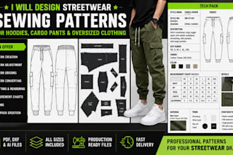 create streetwear sewing patterns for hoodies,cargo pants and oversizes clothing
