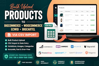 bulk products upload to bigcommerce woocommerce ecwid bigcartel via CSV import