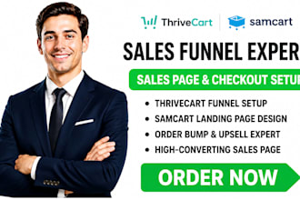 setup samcart, samcart funnel, thrivecart funnel, landing page and sales page