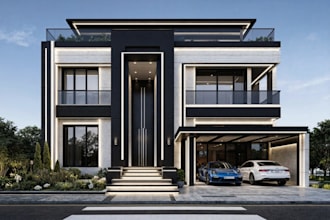 residential project 3d blueprint,cgi exterior,greenery,private garage,rooftop