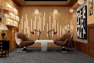 create realistic 3d podcast studio, 3d tv studio set, 3d talk show design